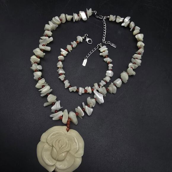925 HK Mother of Pearl Red Carnelian Carved Flower Necklace Bracelet Set - Picture 11 of 12